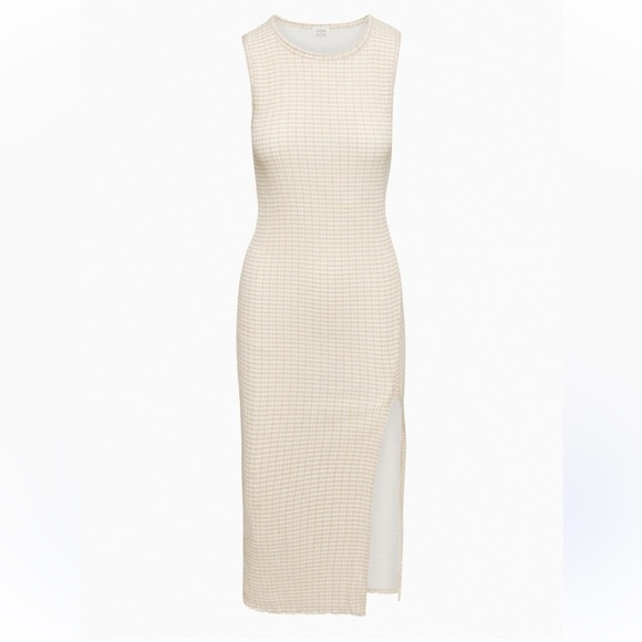 Wilfred Dresses & Skirts - Aritzia Wilfred Verona Dress Beige White Gingham Seersucker Midi Slit Women L